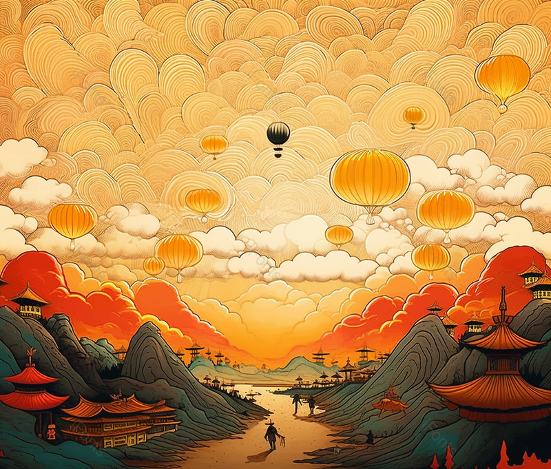 热气去山脉农民工剪影国潮风建筑插画远山祥云天灯绽放插画,插画/手绘图,插画/手绘图库,插画/手绘图下载,插画/手绘